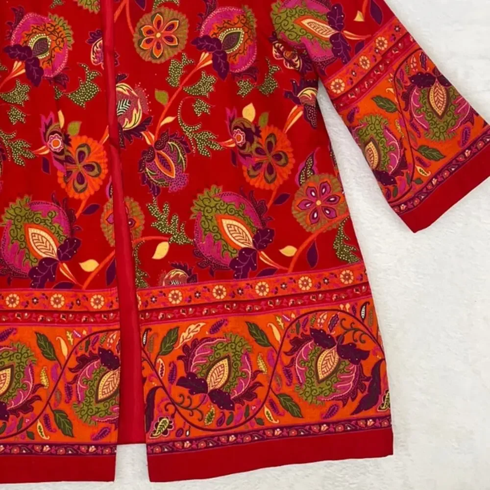 VTG Coldwater Creek Linen Red Bohemian Open Jacket sz Petite L Paisley Southwest - Picture 2 of 7